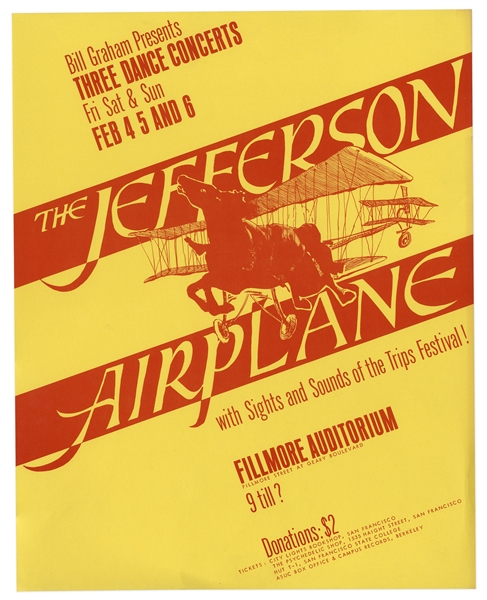 Jefferson Airplane Fillmore Poster by Bill Graham From 1966 -- The First in Graham's Numbered Concert Series -- Near Fine Condition